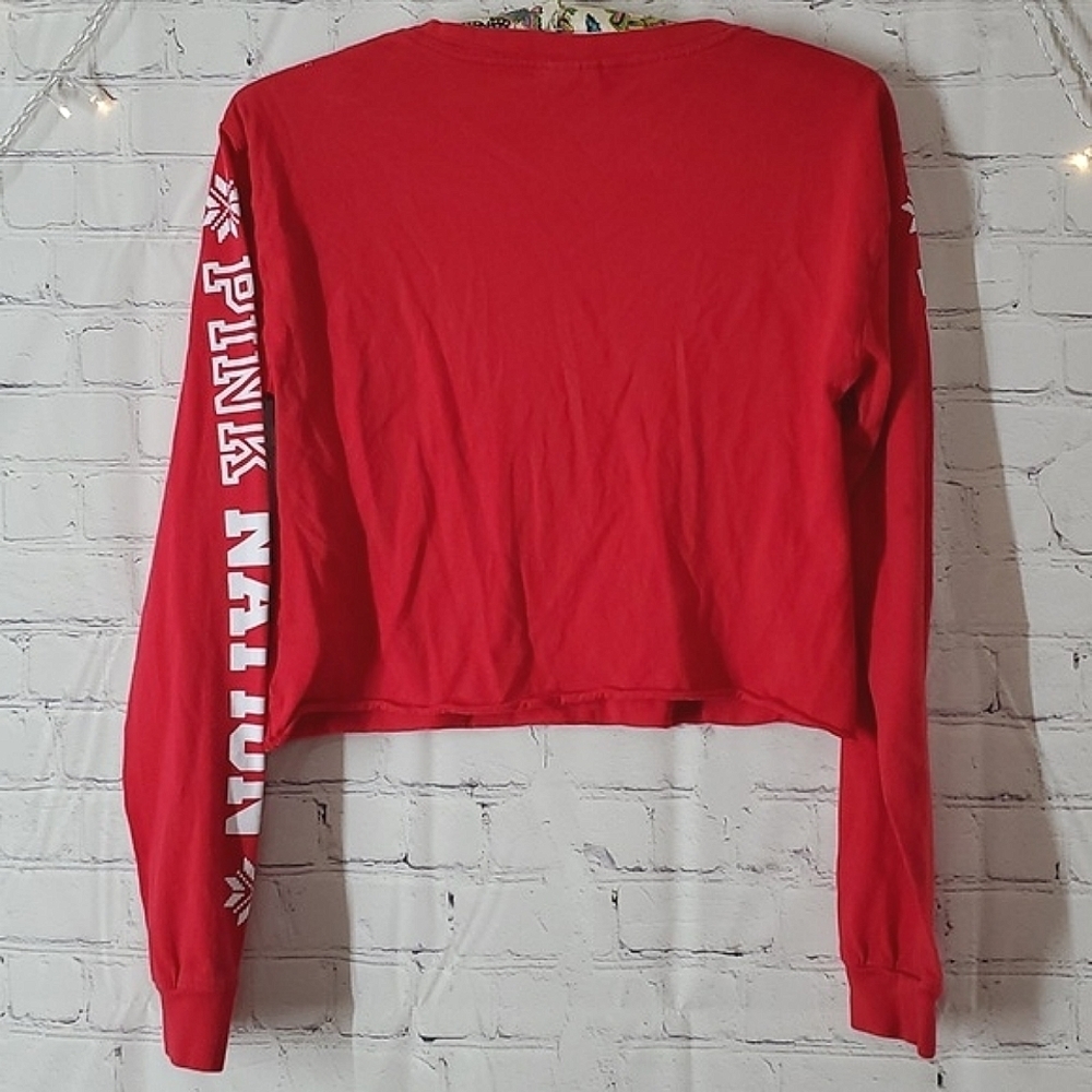 2017 Victoria's Secret PINK Red Holiday Long Sleeve Snowflake Crop Top Tee Sz XS - Picture 9 of 12